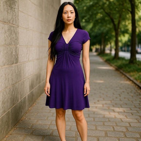 YIGAL AZROUEL purple rayon draped mini Pleated Dress Sz 1 - Picture 1 of 16